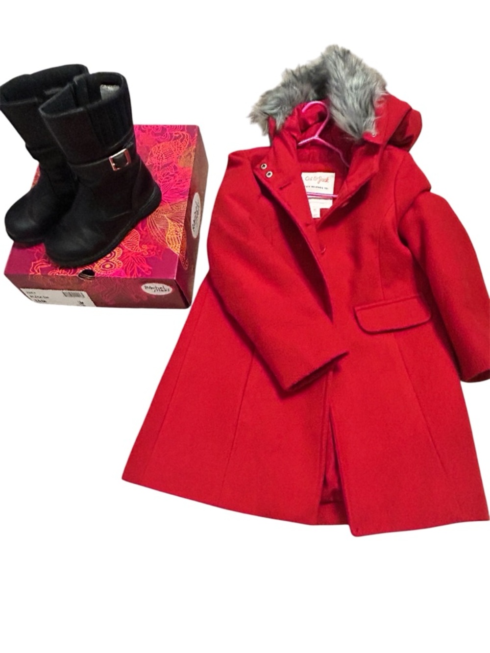 Pair & save- Little girls Red Wool Hooded Coat size XS and boots size 10